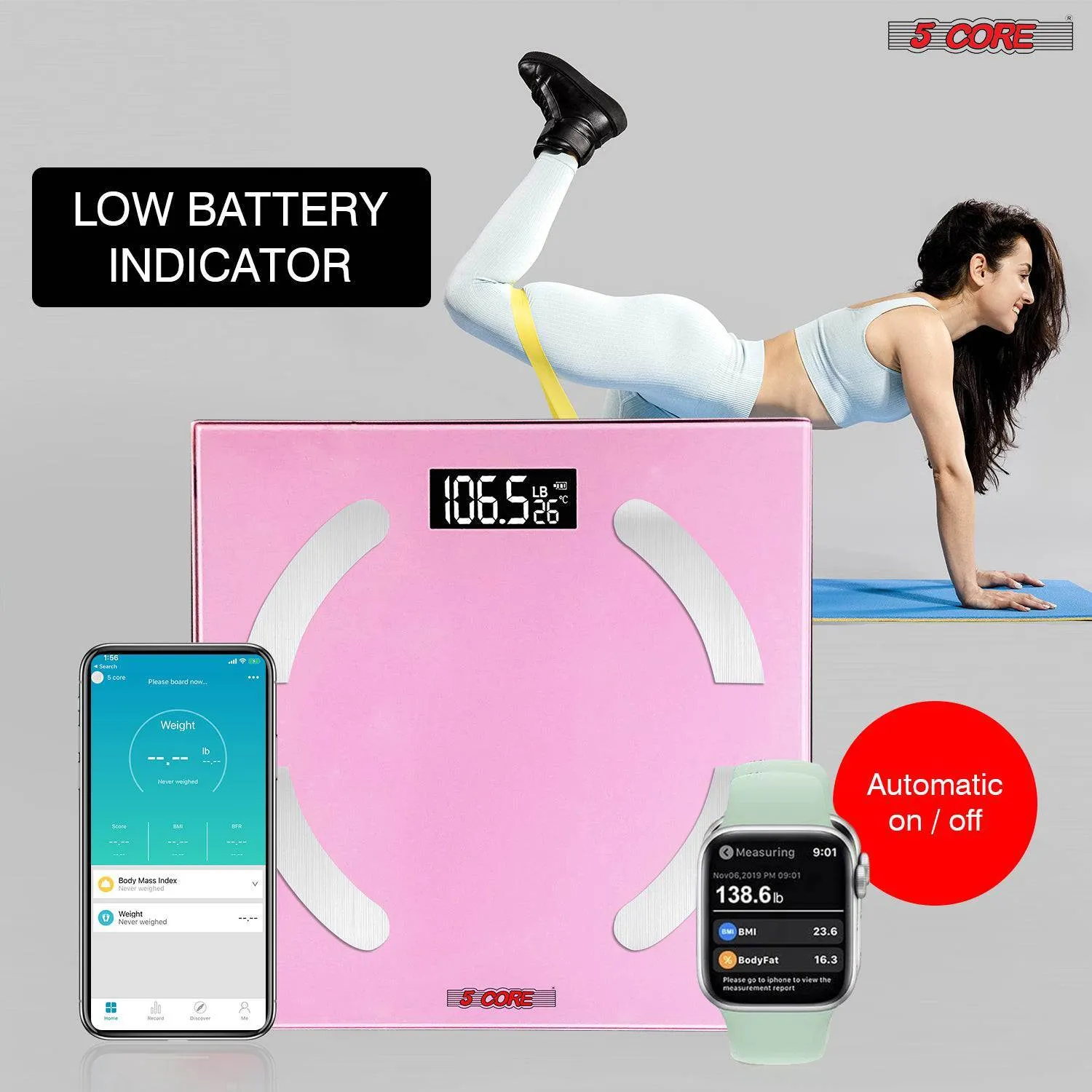 5 Core Smart Digital Bathroom Weighing Scale with Body Fat and Water Weight, Bluetooth BMI Analyzer Machine, 400 lbs., Pink