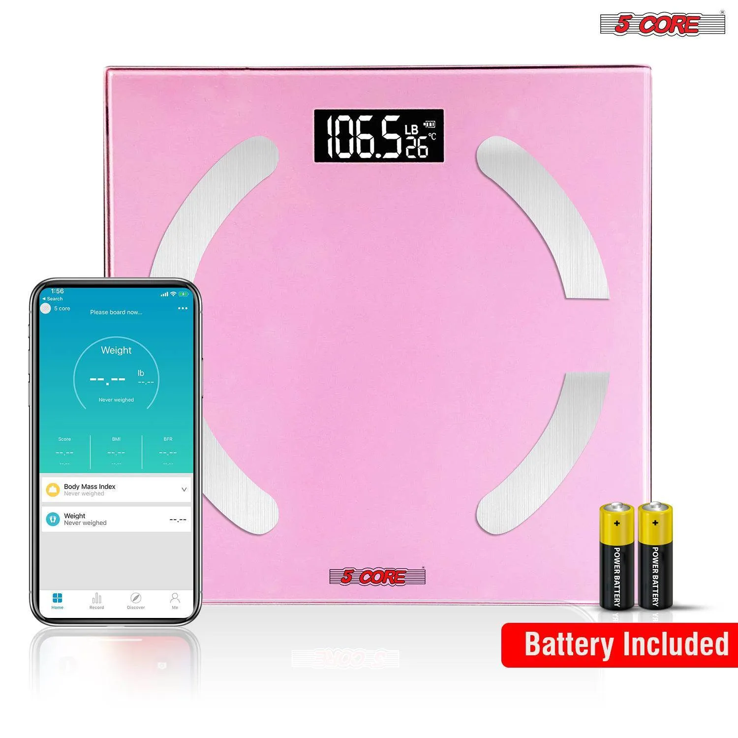 5 Core Smart Digital Bathroom Weighing Scale with Body Fat and Water Weight, Bluetooth BMI Analyzer Machine, 400 lbs., Pink