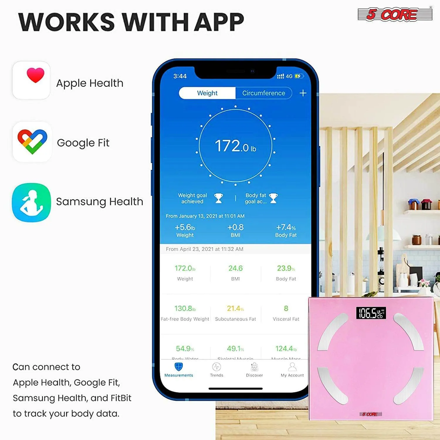 5 Core Smart Digital Bathroom Weighing Scale with Body Fat and Water Weight, Bluetooth BMI Analyzer Machine, 400 lbs., Pink