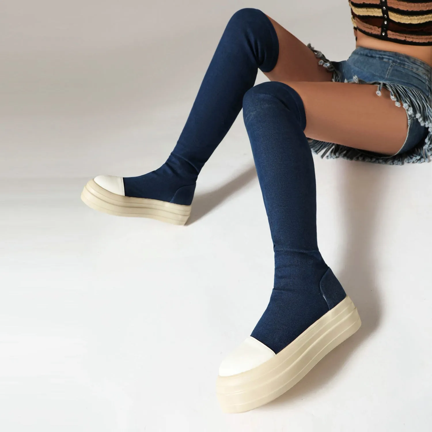 Autumn Patchwork Thick-Soled Platform Heeled Denim Over-the-Knee Boots