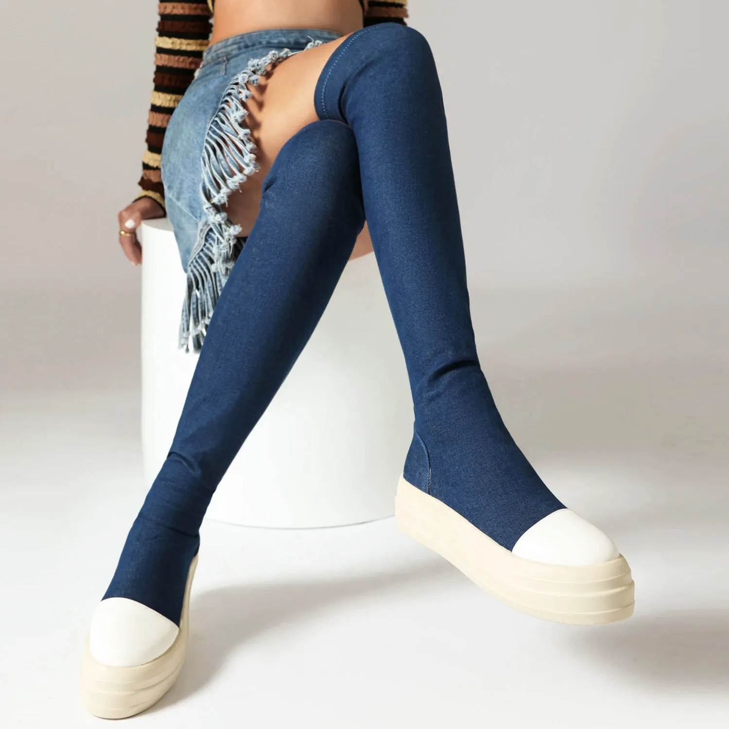 Autumn Patchwork Thick-Soled Platform Heeled Denim Over-the-Knee Boots