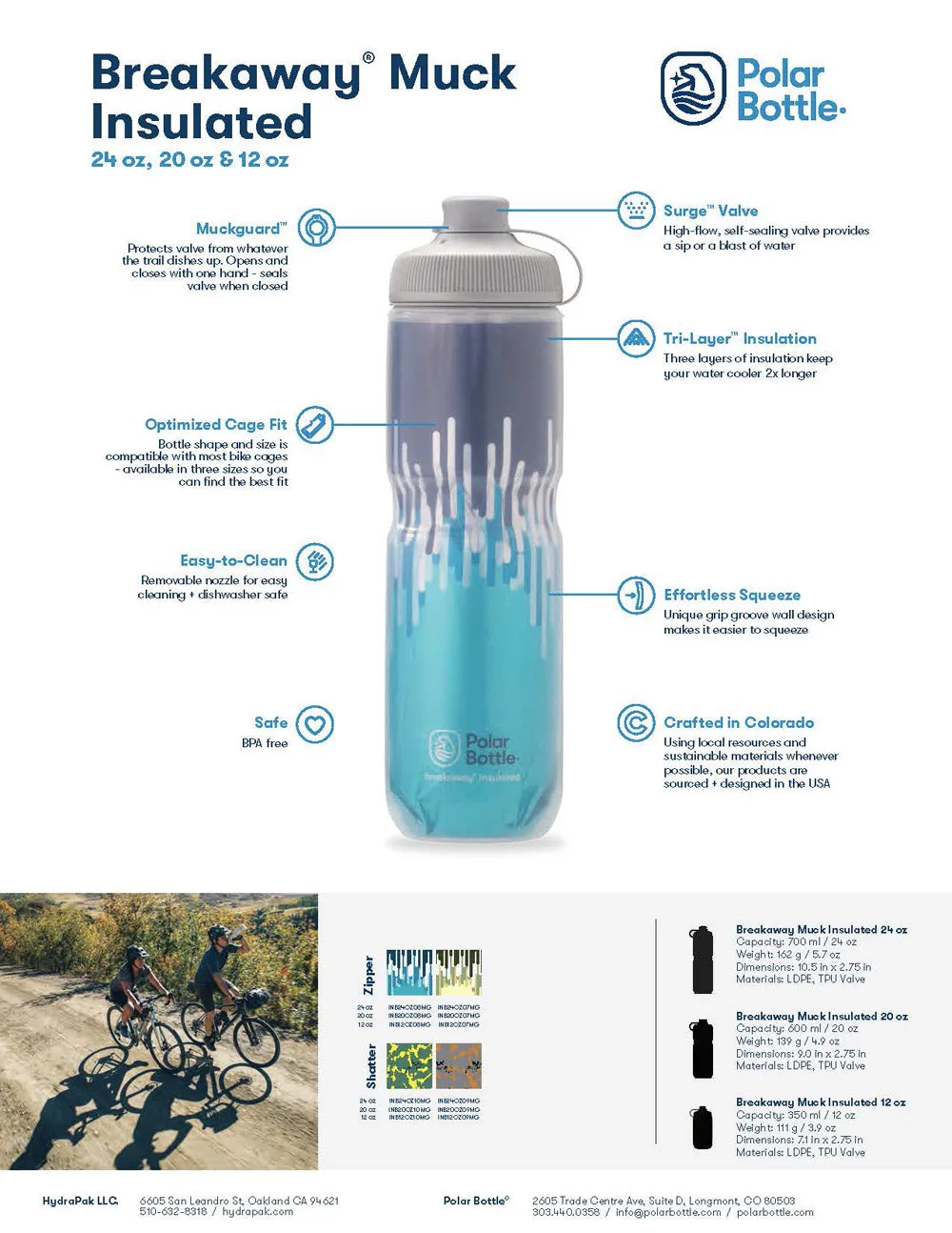 Breakaway® Muck Insulated Cyclist Mountain Bikers Water Bottle 24 oz by Polar Bottle Made in USA