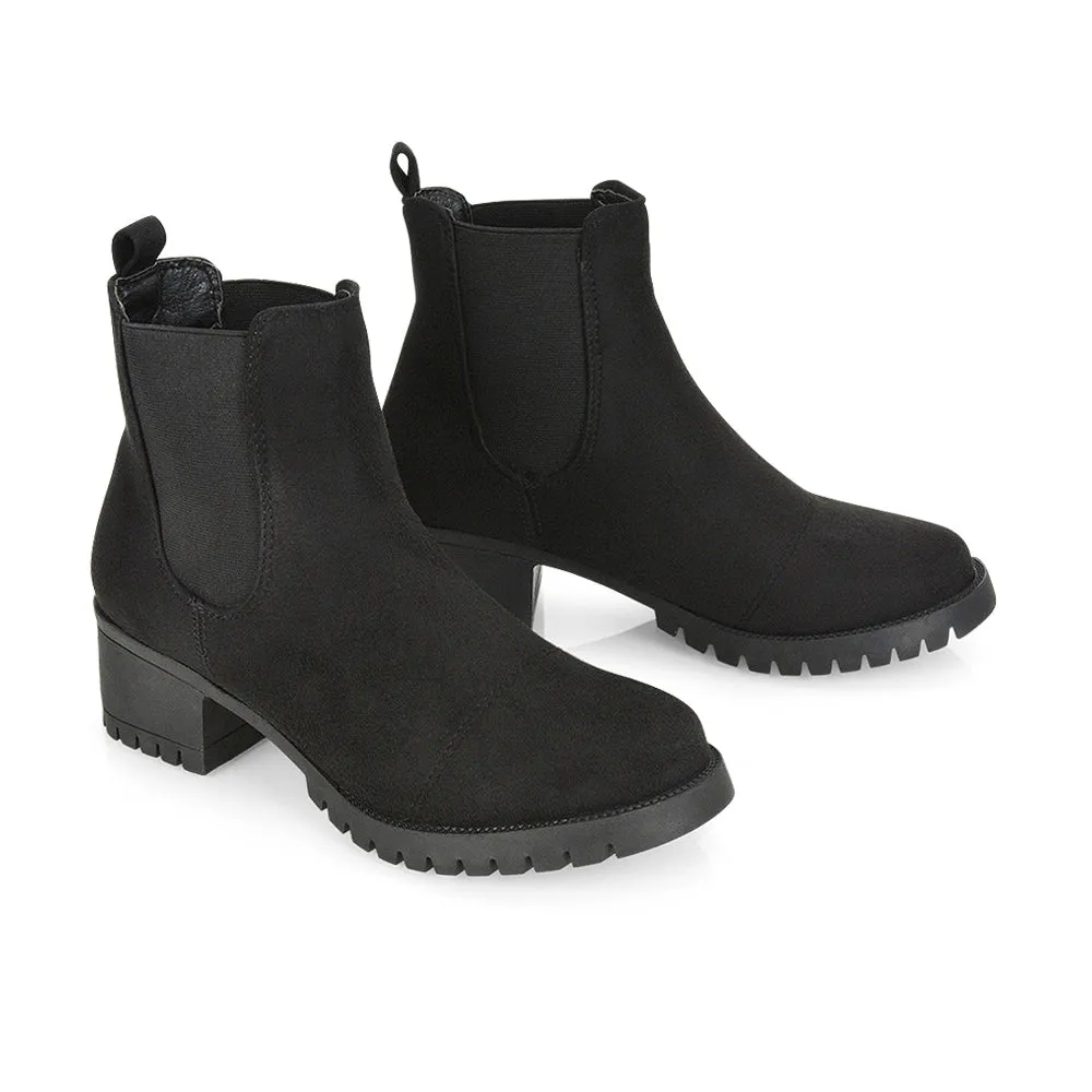 Elsie Chunky Sole Slip on Mid-Blocked Heeled Ankle Chelsea Boots in Black Croc