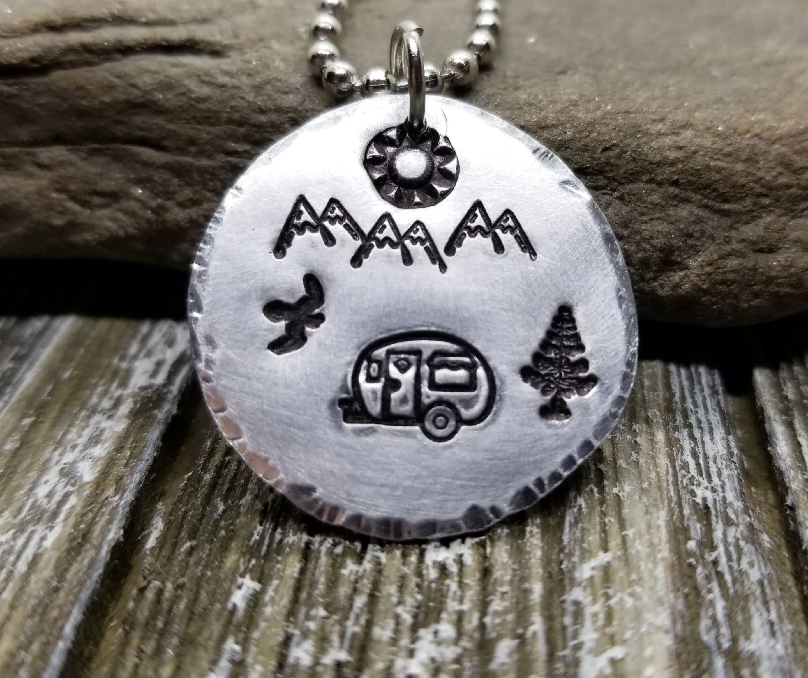 Handmade Hand Stamped Happy Camper Camping Necklace