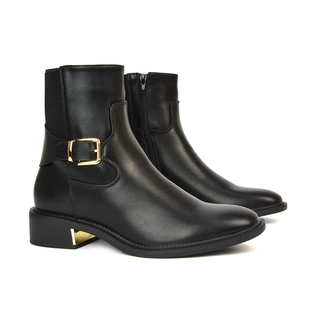 Maisie Flat Block Heel Stretch Buckle Detail Chelsea Ankle Boots in Black Synthetic Leather