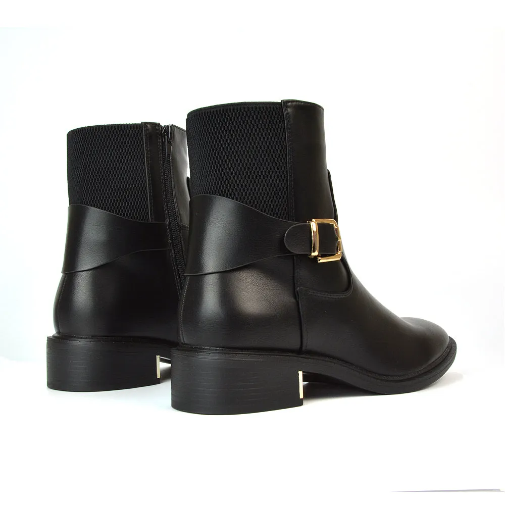 Maisie Flat Block Heel Stretch Buckle Detail Chelsea Ankle Boots in Black Synthetic Leather