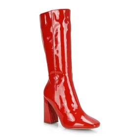 Millicent Square Toe below the Knee Long Block High Heel Boots in Red Patent