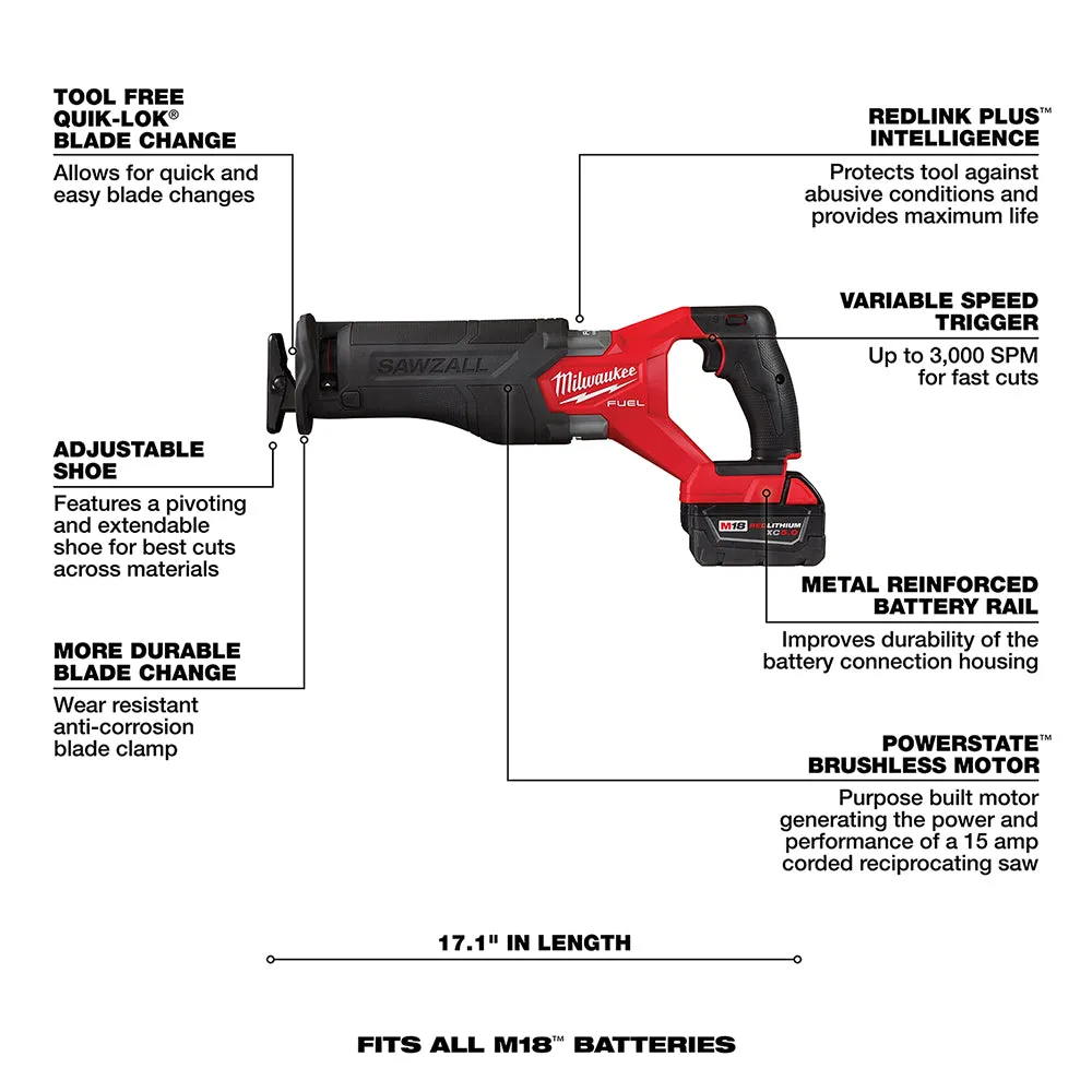 Milwaukee 2821-21SZ M18 FUEL 18V SAWZALL Reciprocating Kit w/ 12 SAWZALL Blades