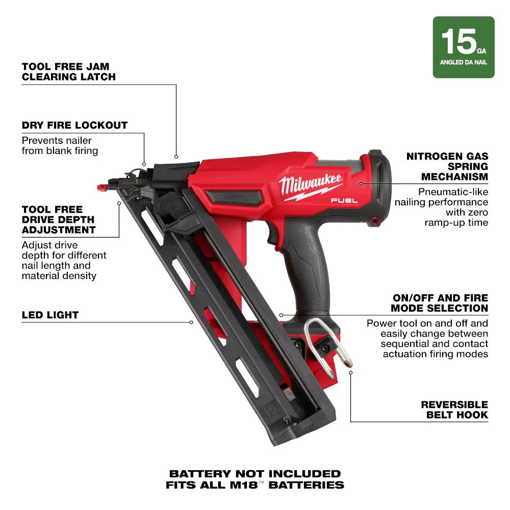 Milwaukee 2839-20 M18 FUEL Ergonomic Cordless 15 Gauge Finish Nailer - Bare Tool