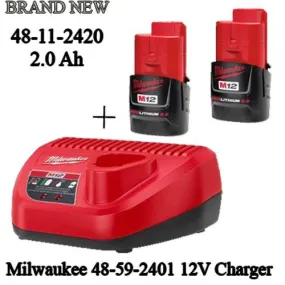 Milwaukee 48-11-2420 (2) M12 REDLITHIUM 2.0 Compact 12V Batteries & M12 Lithium-ion Battery Charger (48-59-2401) KIT