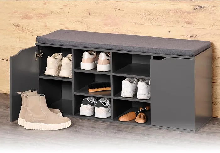 Shoe Cabinet With Seat Cushion, 2 Doors And 2 Compartments - Grey