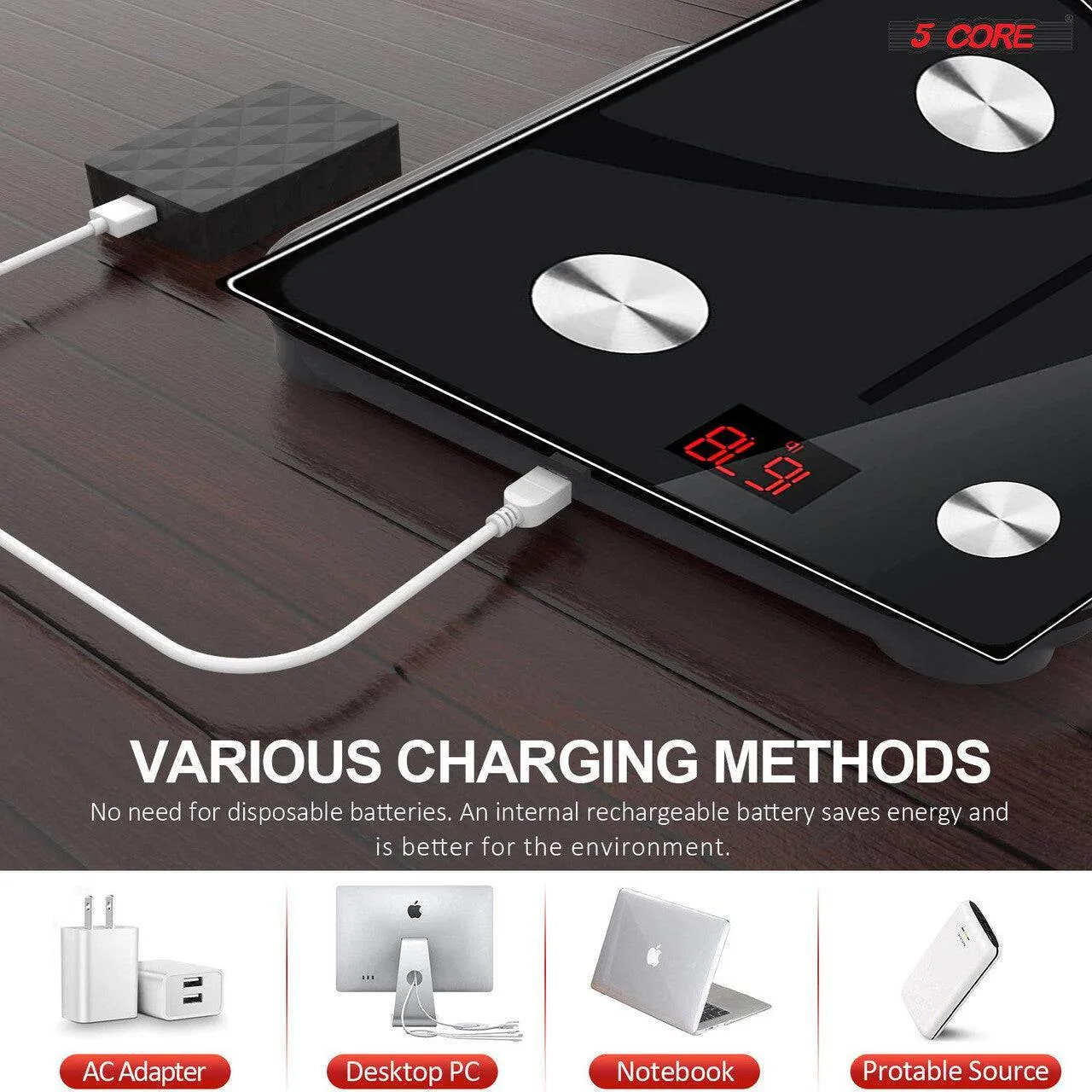 Smart Rechargeable Bathroom Scale with Body Fat and Water Weight Tracking - Bluetooth BMI Analyzer - Supports up to 400 lbs.