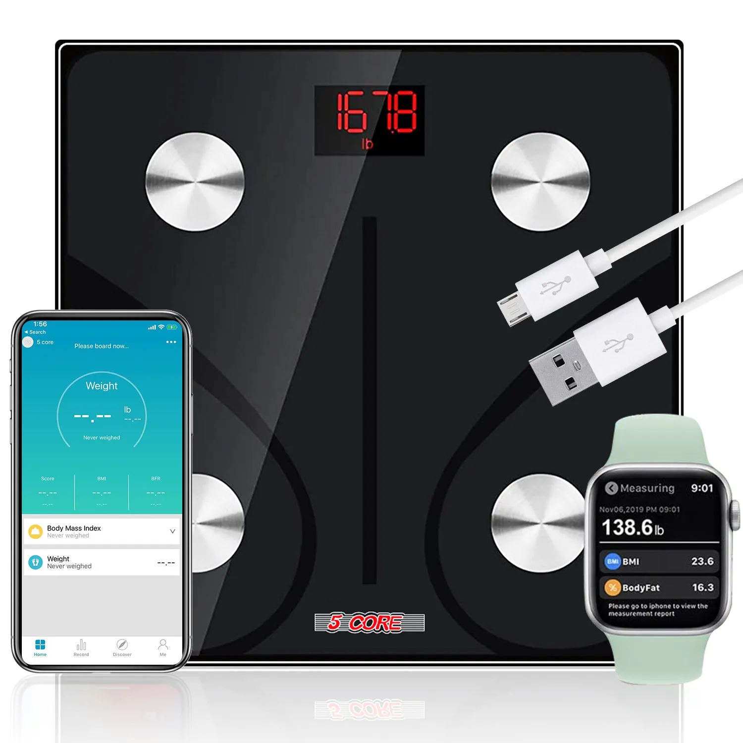 Smart Rechargeable Bathroom Scale with Body Fat and Water Weight Tracking - Bluetooth BMI Analyzer - Supports up to 400 lbs.