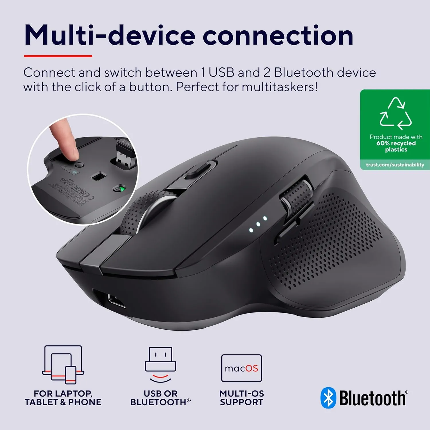 Trust Ozaa  Multi-Device Wireless Mouse – Bluetooth & 2.4GHz, Silent, Programmable, Rechargeable, 60% Recycled Plastic, Side Scroll Wheel – Black