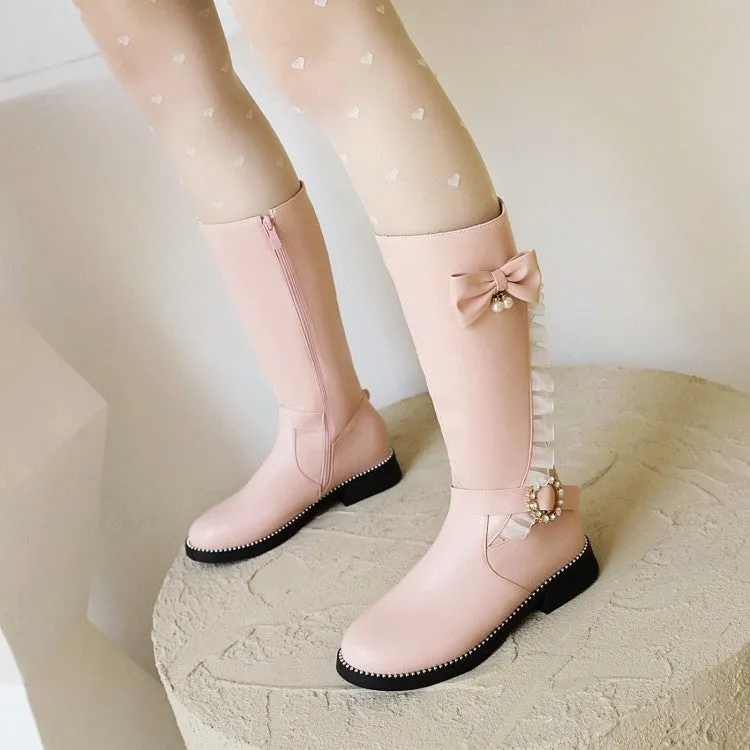 Women's  Rhinestone Pearl Low Heel Mid Calf Boots