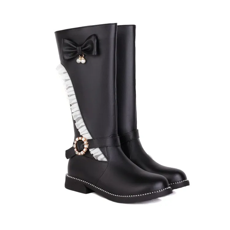 Women's  Rhinestone Pearl Low Heel Mid Calf Boots