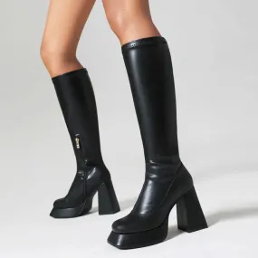 Women's Side Zippers Square Toe Chunky Heel Platform Knee High Boots